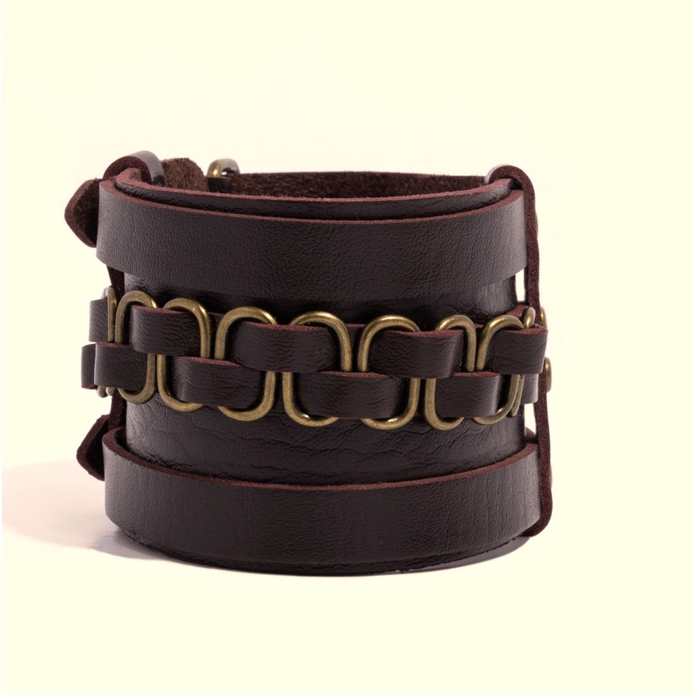 Men’s “Rocker Attitude” Leather & Brass Strap Band Bracelet